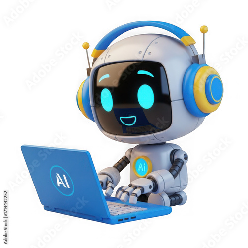 Cute robot with headphones isolated on transparent background 