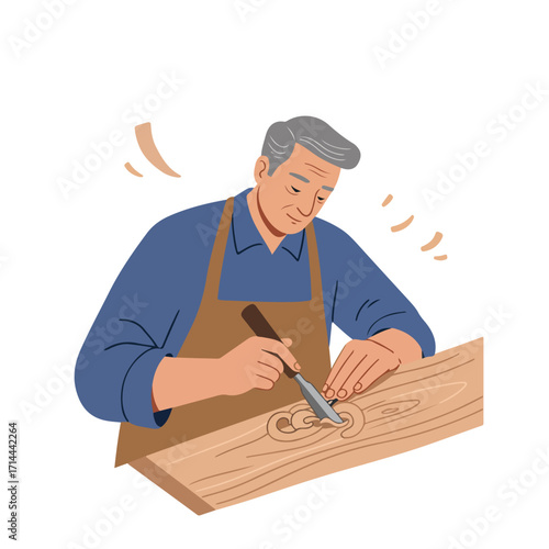 Illustrator drawing of an older man wood carving a design into a piece of wood