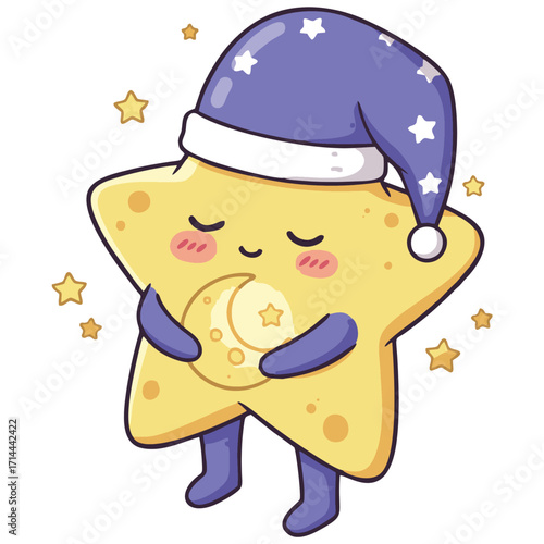 A whimsical cartoon of a sleeping star with a moon pillow, showcasing a gentle, bedtime theme, perfect for children's illustrations and animations. The cozy purple nightcap and soft color palette adds