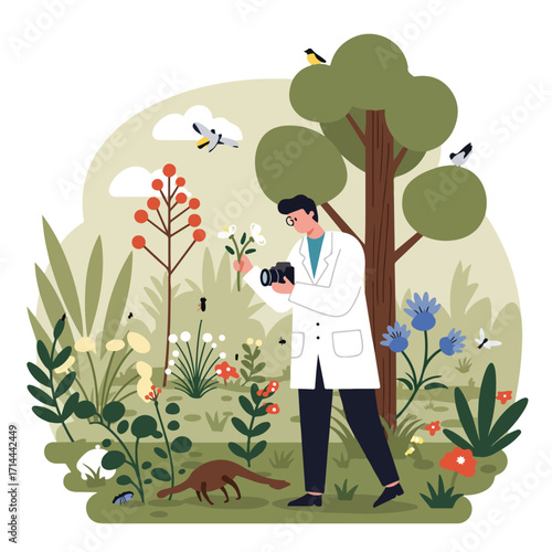 Scientist with camera studies nature in garden filled with plants, birds, and small animals
