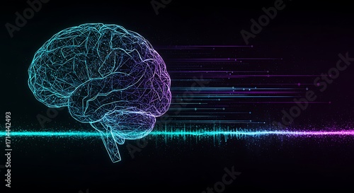 Abstract digital brain with futuristic technology and data streams neon glow.