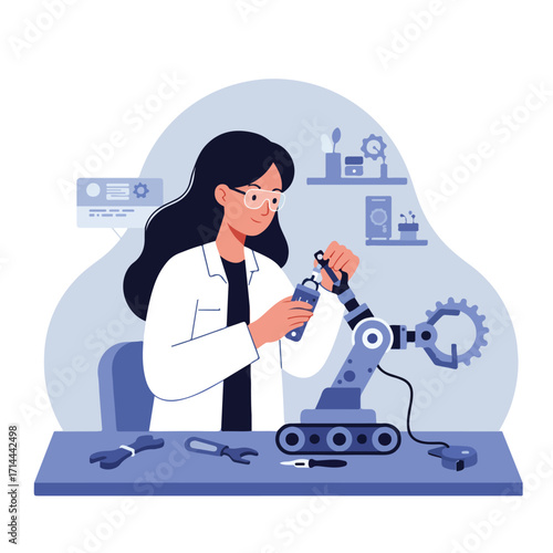 Vector illustration woman in lab coat works on a robotic arm with tools on the table