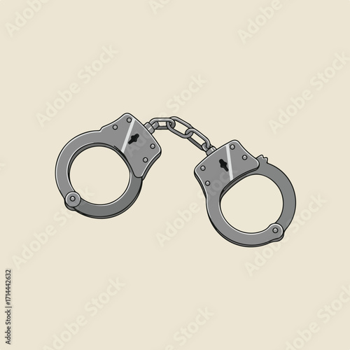 Silver-toned handcuff illustration against a beige backdrop, detailed with black outlines