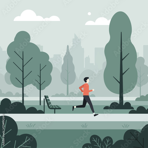 Flat vector illustration of a person running in a park with city skyline backdrop