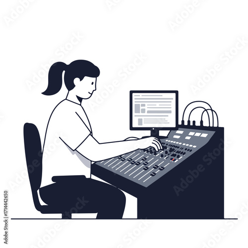 Person sits at audio mixing board with monitor, working on music and media production