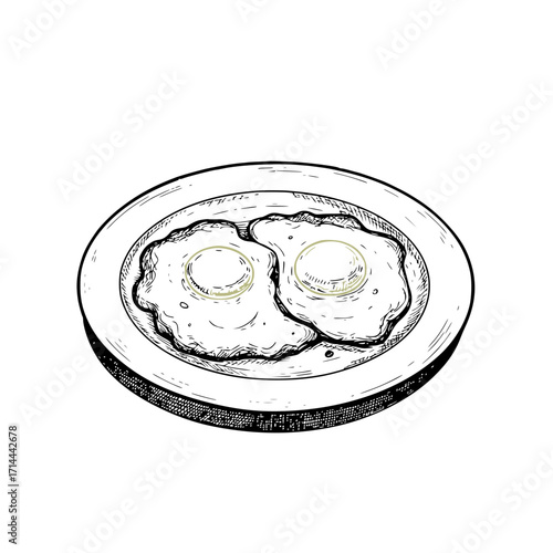 Plate of fried eggs, detailed breakfast illustration, monochrome style