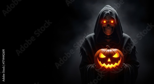 Spooky Halloween Grim Reaper Holding Jack O Lantern in Foggy Darkness