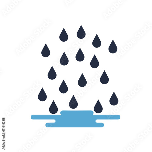 Image depicts dark teardrop shapes falling into a sky blue puddle, set on a white background