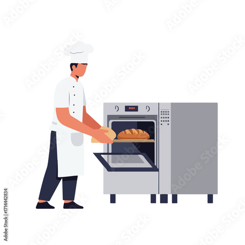 Baker in uniform putting dough into an industrial oven with freshly baked loaf inside