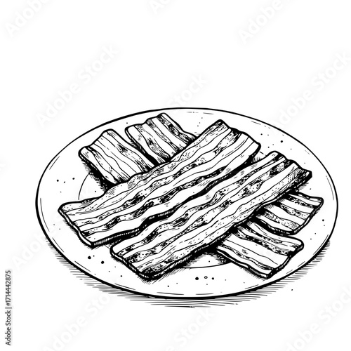 Plate of stacked bacon strips, detailed culinary illustration, monochrome style