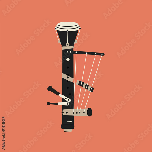 Stylized illustration of a harp with drum detailing against a warm, muted orange background