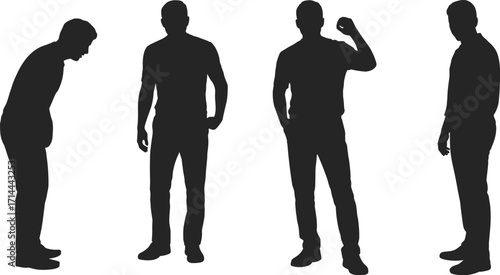Black silhouette of men in different poses on white background male standing