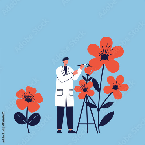 Scientist examines large red flowers on a light blue background with a small paintbrush