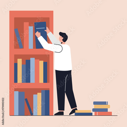 Stylized man putting a blue book onto a bookshelf, stacks of books at the bottom