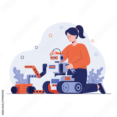 Woman repairs a toy robot, kneeling, wearing casual outfit, on a patterned pastel backdrop