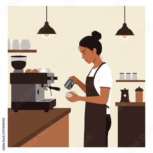 Barista pours steamed milk into coffee, stands at bar, lights hang from the ceiling