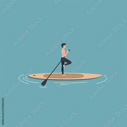 Figure doing a yoga pose on a paddleboard with paddle in teal water