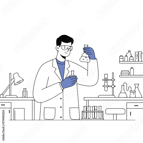 Cartoon man in a lab coat conducts scientific experiments with glassware on lab benches