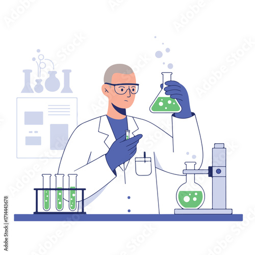Illustration of scientist working with beakers of green liquid in a lab setting