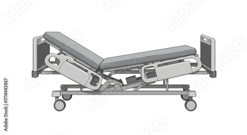 Side view of a gray adjustable hospital bed on wheels against a white background, showing its mechanisms and neutral color palette.