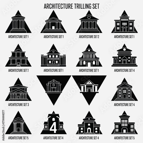 Diverse Architectural Structures Collection Geometric Building Silhouettes and Icons for Design Projects