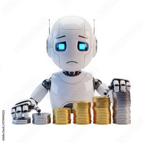 Sad robot with coins isolated on transparent background 