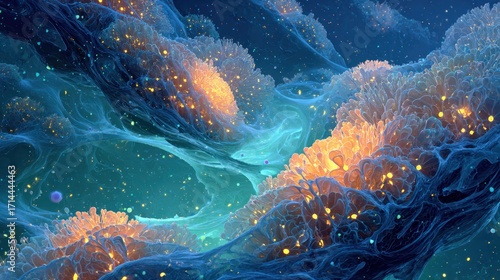 Microscopic view inside a cell with mitochondria recharging at night, emitting soft glow