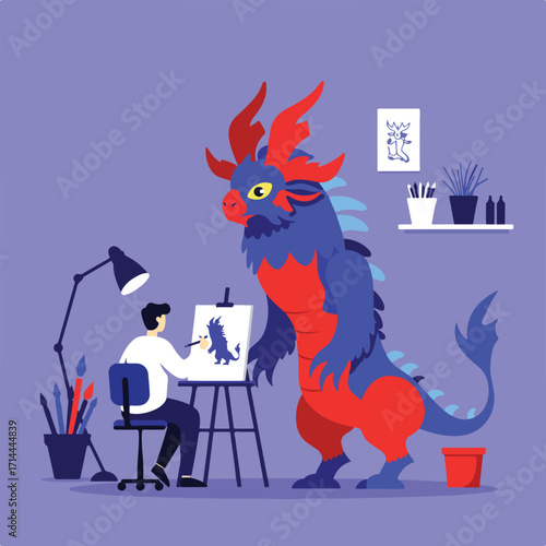 Cartoon artist draws a dragon model in their studio with art supplies in flat illustration