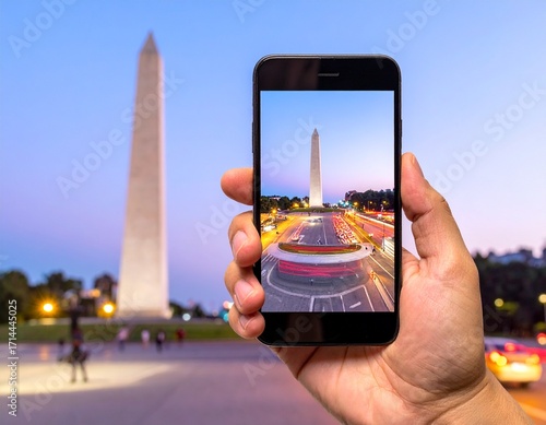 A hand holding a smartphone with the skylines and famous monuments of different countries in the background, captured in natural light with professional photography quality.