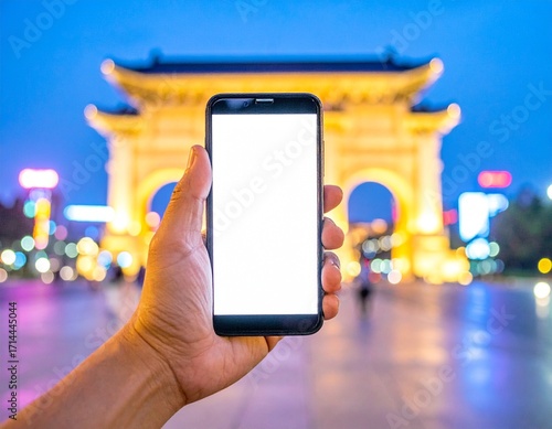 A hand holding a smartphone with the skylines and famous monuments of different countries in the background, captured in natural light with professional photography quality.
