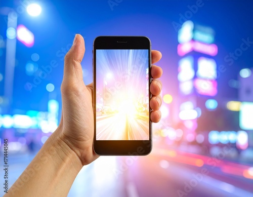 A hand holding a smartphone with the skylines and famous monuments of different countries in the background, captured in natural light with professional photography quality.