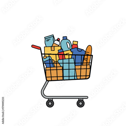 Cartoon shopping cart is overloaded with groceries, household products, and various items
