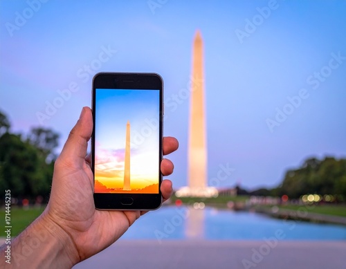 A hand holding a smartphone with the skylines and famous monuments of different countries in the background, captured in natural light with professional photography quality.