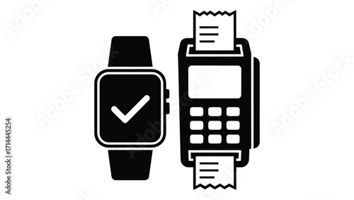 Smartwatch and payment terminal with checkmark, isolated on white background