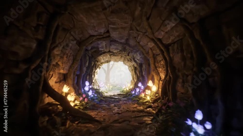 Magical Forest Tunnel - A mystical stone tunnel, adorned with glowing flowers and roots, leads to a bright, enchanting forest.