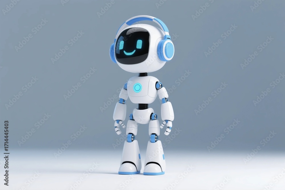 Fototapeta premium Adorable 3D Rendered White Robot with Blue Headphones Smiling Happily on White Background, Cute Futuristic AI Character Illustration for Tech and Innovation Graphics