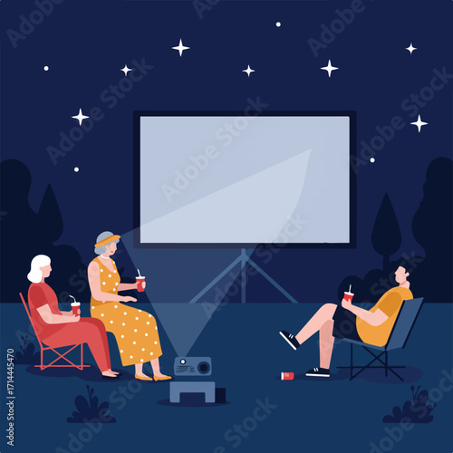 People enjoy an outdoor movie night together under a starry sky, projector casting light