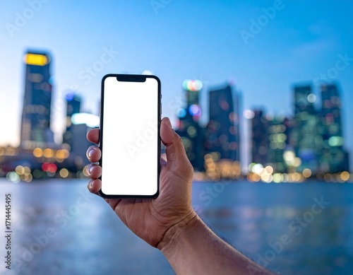 A hand holding a smartphone with the skylines and famous monuments of different countries in the background, captured in natural light with professional photography quality.