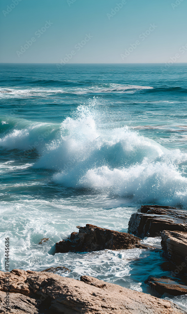 Fototapeta premium Ocean wave crashing against coastal rocks showcasing the power of nature seascape with sea foam water spray and rock formations creating a dynamic and energetic seaside scene