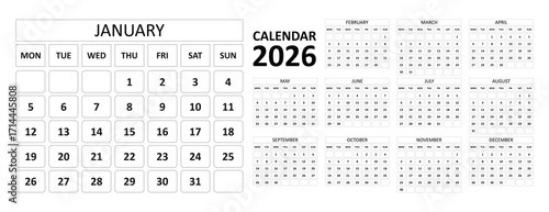 Calendar of year 2026. Simple and minimal style calendar. Transparent vector