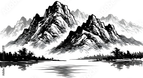 Misty Mountain Landscape in Traditional Chinese Ink Wash Painting Style.