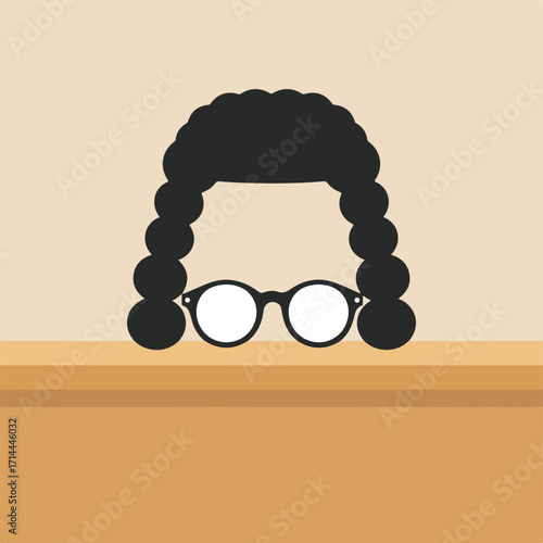 Simple illustration of a barrister's wig and glasses behind a wooden bench, neutral colors