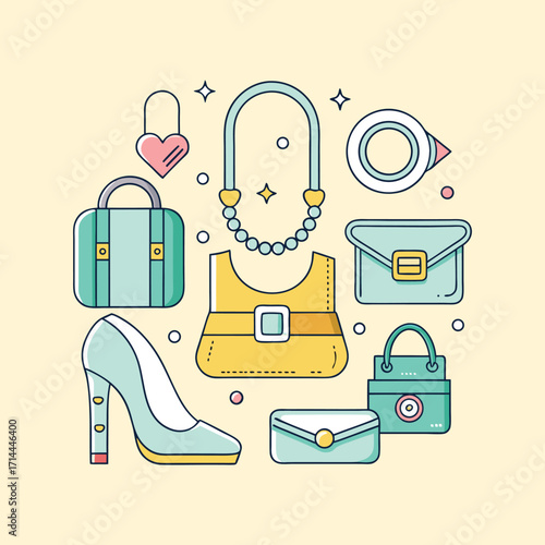 Fashion illustration with hand drawn pastel colored accessories on beige background