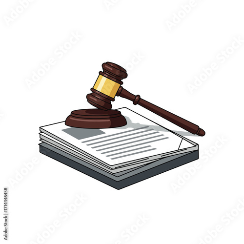 Illustrative gavel resting on stack of legal documents, isometric view against white background