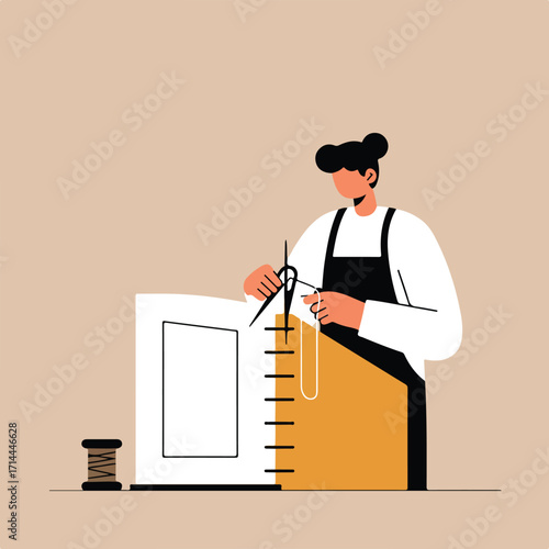 Minimalist image of a person sewing a project, wearing an apron, and using tools