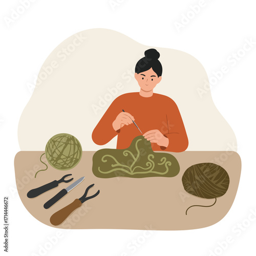 Woman crafting intricate pattern with yarn and tools on beige table surface, casual