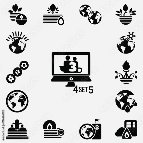 Set of monochrome vector icons representing environmental conservation and global ecology themes