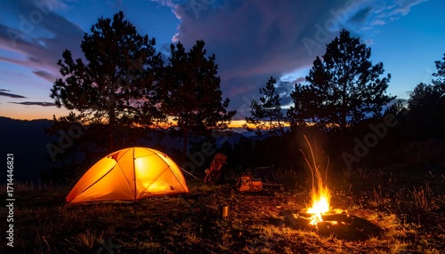 Cozy camping atmosphere at dusk with glowing campfire, illuminated orange tent, backpack and chair surrounded by pine trees under a twilight sky, 16:9 cinematic view