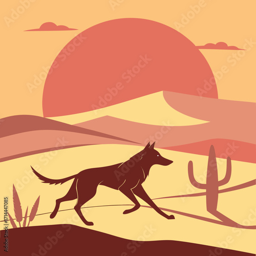 Running dog silhouette across a desert sunset