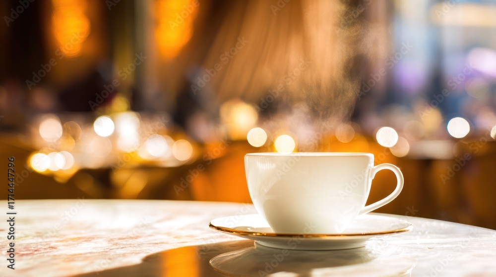 Fototapeta premium Steaming latte cup on rustic cafe table, highlighting cozy morning moments